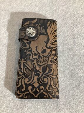 Embossed Skull Long Card Wallet - Brown